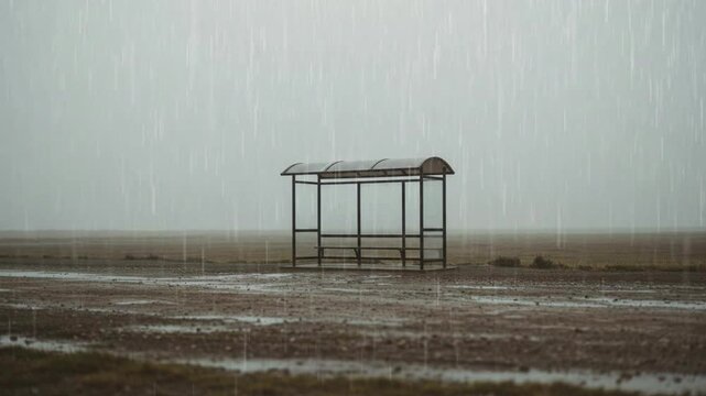 Rainy scene with empty bus stop shelter in desolate landscape  