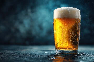 Refreshing glass of golden beer with thick foam, condensation drops and dark background, perfect for a hot summer day, representing celebration and good times with friends.