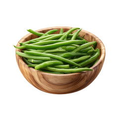 A wooden bowl filled with fresh green beans sitting against a plain black studio background image view