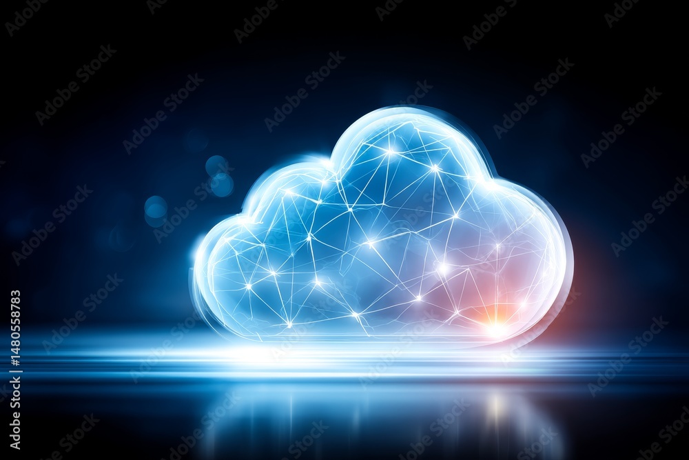 Poster networked cloud computing concept - abstract glowing cloud symbol representing interconnected data a