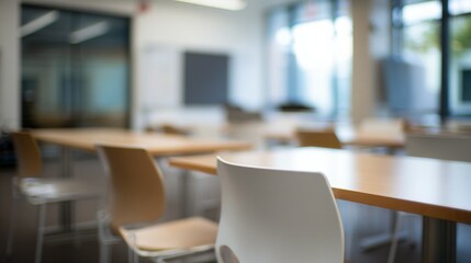 Fototapeta premium Empty classroom with chairs and tables is waiting for students