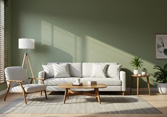 Living room with couch, chair, and plants against a green wall with light from window blinds