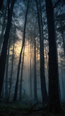 Obraz premium A mysterious forest at dusk, with shafts of light piercing through the fog, ancient ruins barely visible among the trees, painted in a dark cinematic fantasy style.