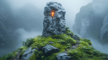 An ancient standing stone illuminated by the soft light of dawn, casting long shadows and highlighting its weathered texture. The peaceful and serene scene captures the timelessness of the stone, evok