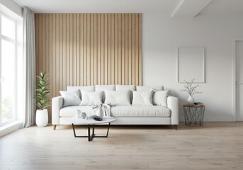 Bright living room with white sofa, wood paneling, and minimalist decor