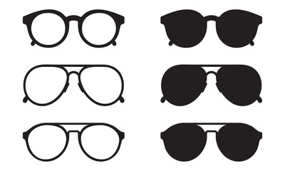 Vector Silhouettes of Eyeglasses and Sunglasses – Collection of Round, Aviator, and Retro Frame Glasses Set Isolated on White Background