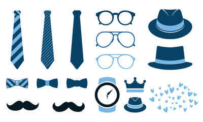 Father’s Day vector illustration elements set – silhouette of bow tie, mustache, hat, crown, watch, glass icons for dad clipart design, isolated on white background