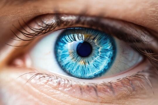 Detailed close-up of bright blue female eye with long eyelashes, high detail. Vision treatment