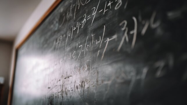 Mathematical equations and formulas covering dusty chalkboard in classroom