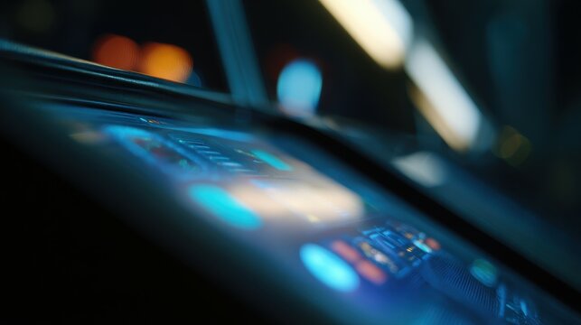 Futuristic control panel glowing in darkened room with city lights blurred in background