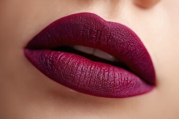 Fototapeta premium Close-up of woman's lips with dark purple lipstick, showcasing makeup and beauty, conveying glamour and style with impeccable skin texture.