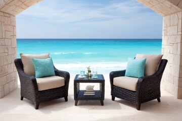 Oceanfront Patio Relaxation - Two wicker armchairs with beige cushions and teal throw pillows face the ocean on a patio. A small coffee table sits between them