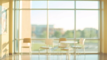Blurred office interior with chairs and table by window, emphasizing light and space