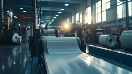Fototapeta premium Modern factory interior with industrial machinery and large rolls of white material processing.