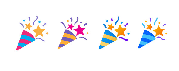 Fototapeta premium Party popper with confetti explosion. Bunch of fireworks shooting from cone. Trendy modern vector illustration isolated on white background, hand drawn, flat design
