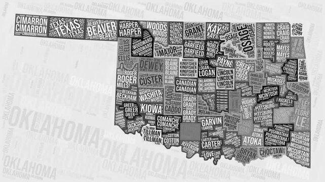 Oklahoma Animation. Visual effect of Oklahoma counties appearing in black and white word clouds style. State intro video. Trending Animated Motion Graphics.