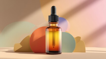 Fototapeta premium A 4K photo of serum dropper bottle mockup on abstract pastel background with light, shadows, and text space.