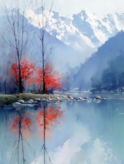 Serene Watercolor Landscape of Autumn Trees Reflecting in Lake with Distant Snow Capped Mountains