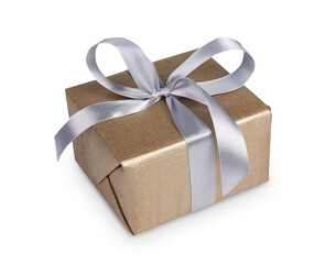 Gift box wrapped with golden paper and silver satin ribbon, isolated on white background. Modern present for any holiday, christmas, valentine or birthday