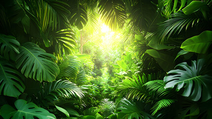 Lush Green Tropical Jungle with Sunlight Streaming Through
