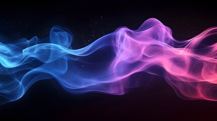 A vibrant stream of luminous pink and blue smoke gracefully undulates across a dark backdrop, creating a mesmerizing abstract design.