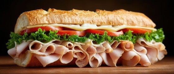 Close Up of Delicious Turkey Sandwich on Wooden Table with Lettuce Tomato and Cheese Studio Shot
