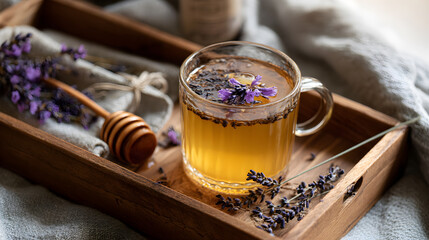 Hot Honey Lavender Drink in Clear Mug with Dried Sprigs on Spa Tray (AI Image)
