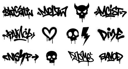 Obraz premium Set of black graffiti spray pattern. Collection of symbols, heart, crown, thunder, devil, skull, arrow with spray texture. Elements on white background for banner, decoration, street art and ads