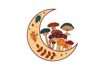 Mushroom Moon Scene – Autumn Magic Retro Fall Sublimation Design