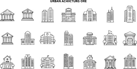 Bank, Hotel, Courthouse. Buildings line icons. City, Real estate, Architecture buildings icons. Hospital, town house, museum. Urban architecture, city skyscraper, downtown. Vector