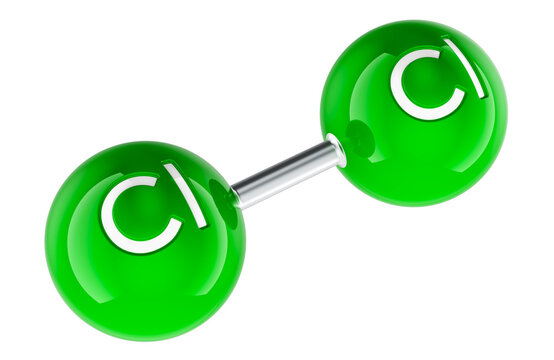 Molecule model of chlorine Cl2, 3D rendering isolated on transparent background