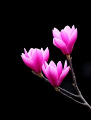 Obraz premium Pink Magnolia Blossoms - Three vibrant pink magnolia flowers in full bloom against a stark black background. A beautiful of springtime