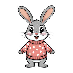 Cute Cartoon Rabbit Wearing Pink Sweater with White Polka Dots On Transparent Background