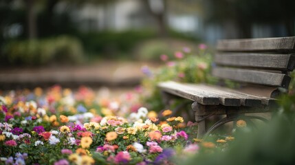 Naklejka premium Empty bench resting in a colorful flower garden