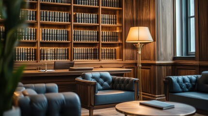 A softly blurred scene of a stylish law office, showcasing a traditional wooden desk, cozy seating, and towering bookshelves filled with legal volumes, creating an inviting and refined environment. 
