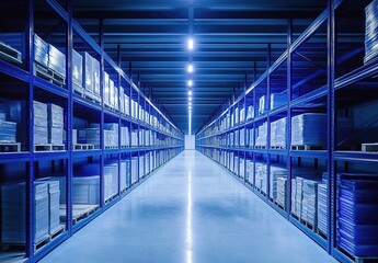 Fototapeta premium Warehouse with rows of shelves and boxes