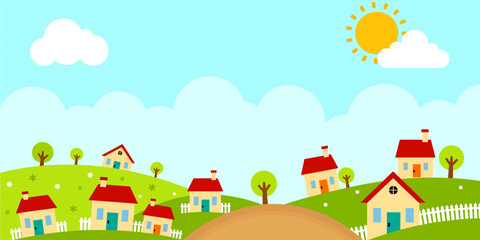 Cartoon village with colorful houses on green hills under sunny sky  