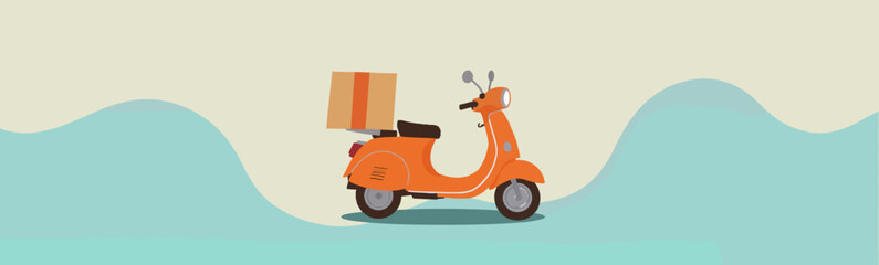Orange scooter with delivery box against abstract pastel background  