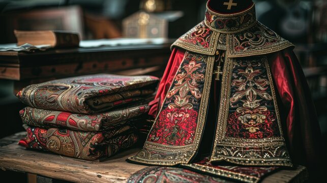 Red bishop mitre and vestment on wooden table in grand church before papal conclave preparation