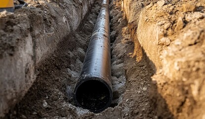 Fototapeta premium Black Pipeline Laid in a Trench