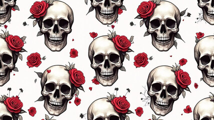 Fototapeta premium Neo-traditional seamless pattern with skulls and roses in black and red