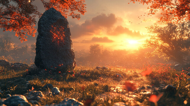 An ancient standing stone illuminated by the soft light of dawn, casting long shadows and highlighting its weathered texture. The peaceful and serene scene captures the timelessness of the stone, evok