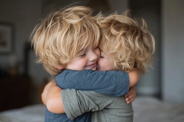Two little blonde boys are hugging tightly, showing love, affection, and friendship, captured in a warm and endearing portrait filled with joy and innocence.