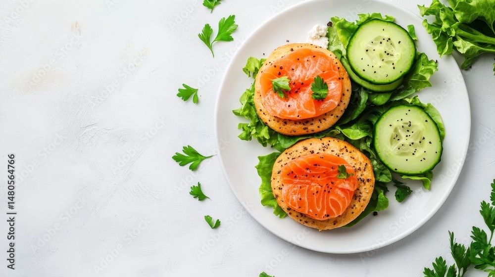 Poster Two smoked salmon bagels with lettuce and cucumber on a white plate.