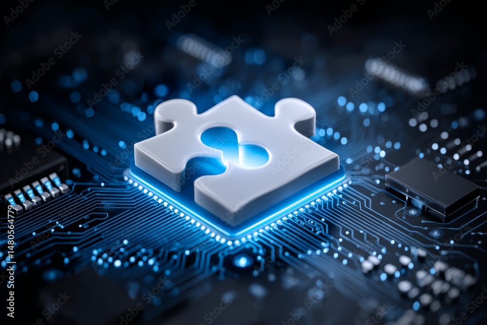 Poster puzzle: circuit board solution - symbolizing connection, innovation, technology, problem-solving, an