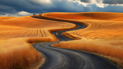 Fototapeta premium Winding road through a golden field under a dramatic cloudy sky.