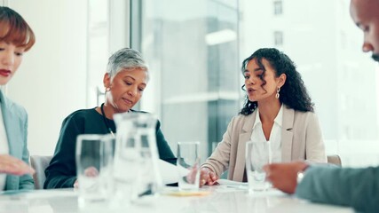 Paperwork, portfolio or business people planning in meeting for teamwork, collaboration or investment. Reading, report or financial advisors talking for project, budget growth and risk management