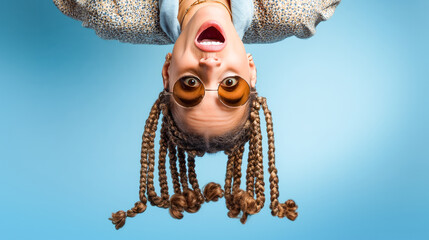 Young woman wearing sunglasses and braided hair hanging upside down with a surprised expression on blue background