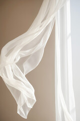 white curtain flying in the wind. Light room with shine through the tulle
