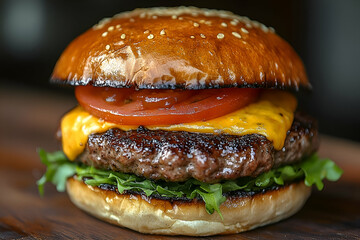 Close-up view of a gourmet hamburger on a wooden board.